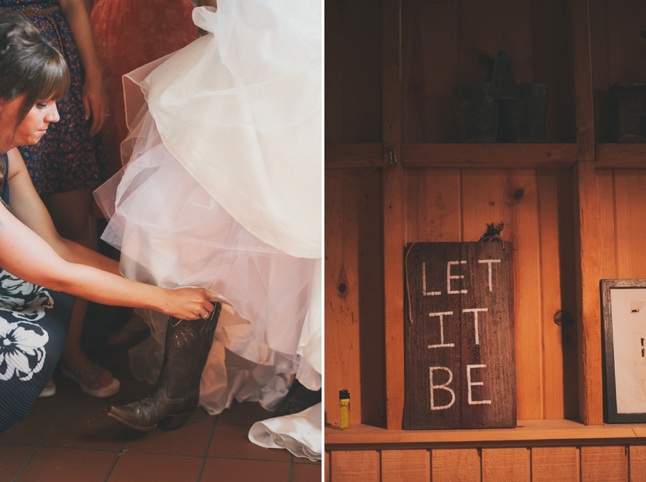 A bride puts on her cowboy boots at the Blue Dress Barn in Benton Harbor Michigan, shot by wedding Photographer Heather Jowett.