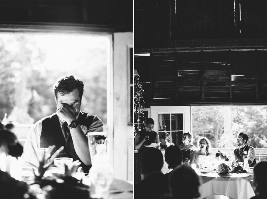 The maid of honor makes a toast at the Blue Dress Barn in Benton Harbor photographed by Ann Arbor Michigan wedding photographer Heather Jowett.