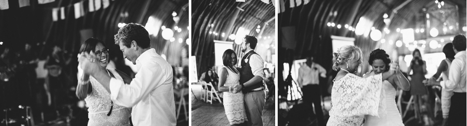 Wedding guests dance as The Appleseed Collective plays blue grass music live at the Blue Dress Barn in Benton Harbor photographed by Ann Arbor Michigan wedding photographer Heather Jowett.