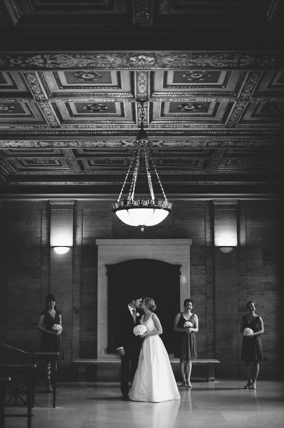 A bridal party portrait at Angell Hall in Ann Arbor, shot by wedding photographer Heather Jowett