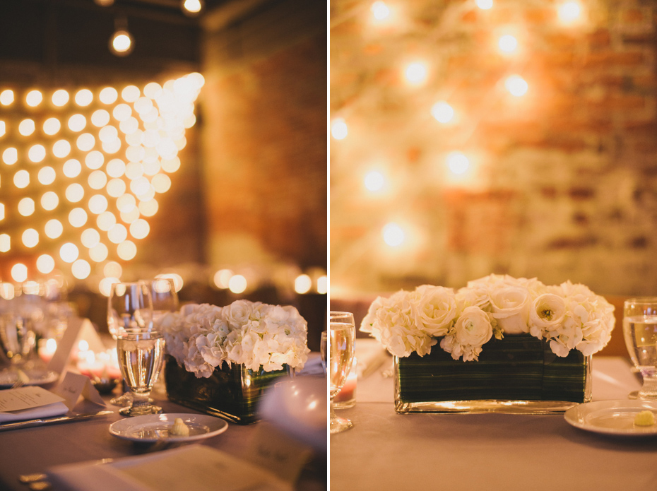 White flowers during reception at Zingerman's Events on Fourth, in Ann Arbor, by Wedding Photographer Heather Jowett