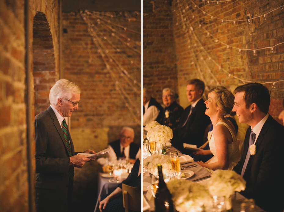 The father of the bride shares a toast during a reception at Zingerman's Events on Fourth, in Ann Arbor, by Wedding Photographer Heather Jowett