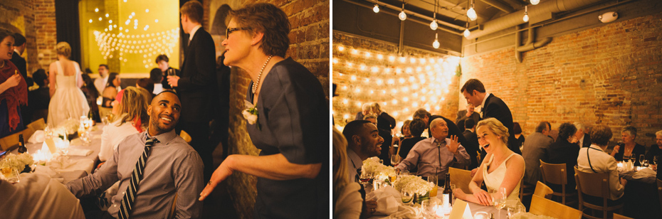 Wedding guests mingle during a wedding reception at Zingerman's Events on Fourth, in Ann Arbor, by Wedding Photographer Heather Jowett