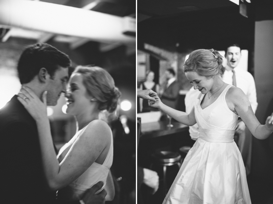 The bride and groom share their first dance during a wedding reception at Zingerman's Events on Fourth, in Ann Arbor, by Wedding Photographer Heather Jowett