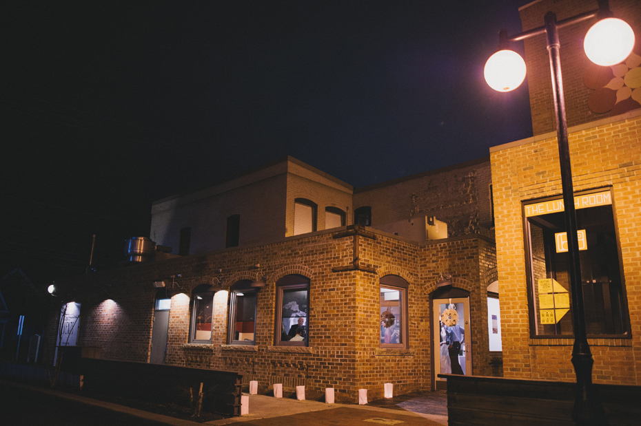 A night shot of the venue during a wedding reception at Zingerman's Events on Fourth, in Ann Arbor, by Wedding Photographer Heather Jowett