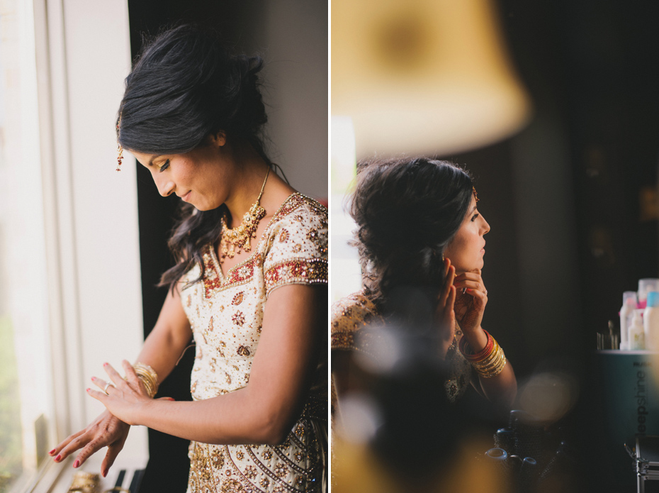 The bride prepares for her hindu wedding reception, , by Ann Arbor wedding photographer Heather Jowett.