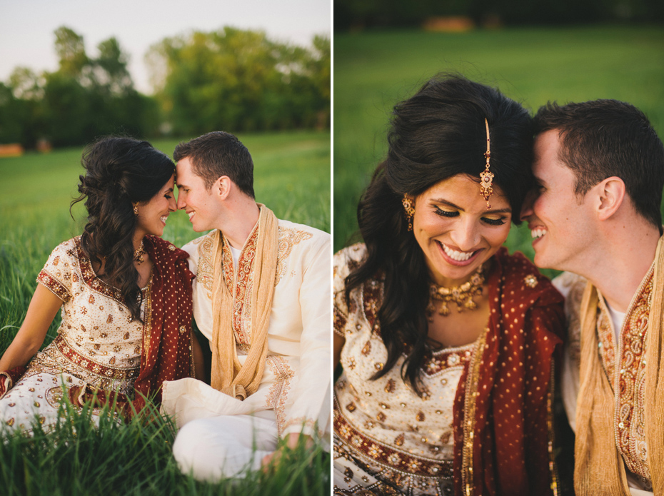 Portraits of a bride and groom in traditional hindu wedding clothing, by Ann Arbor wedding photographer Heather Jowett.