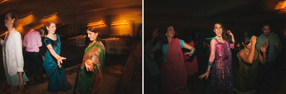 Guests dance at a hindu wedding reception, by Ann Arbor wedding photographer Heather Jowett.