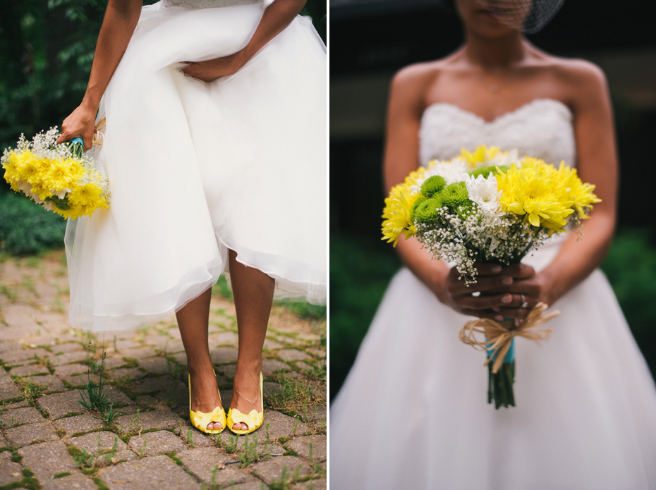 A bride shows of her yellow shoes and her yellow bouquet before her wedding.