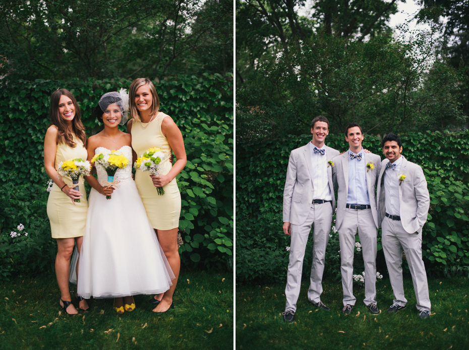 A wedding party pose for a portrait in their suits with bowties and yellow bridesmaid dresses, by Ann Arbor wedding photographer Heather Jowett.