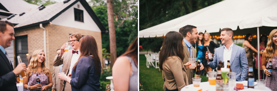 Guests socialize during a backyard wedding reception.