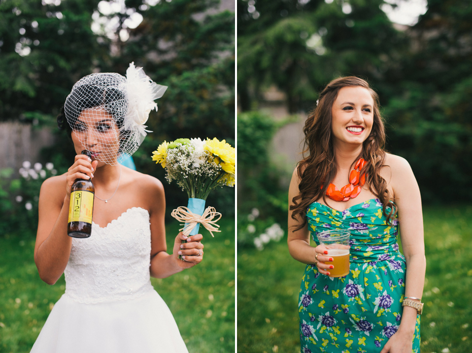 The bride enjoys a cold beer during a backyard wedding reception.