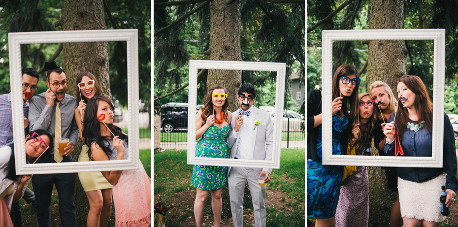 Guests get goofy in the photobooth at a backyard wedding reception in Kalamazoo Michigan, by Ann Arbor Wedding Photographer Heather Jowett.