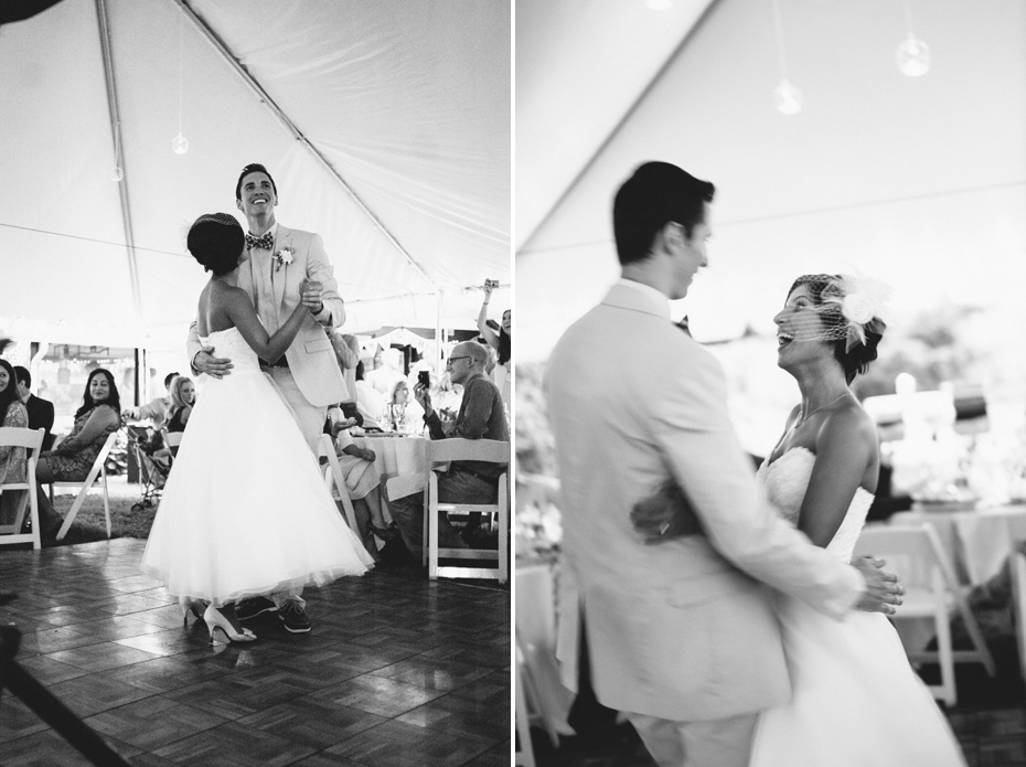 The bride and groom share their first dance at a backyard wedding reception in Kalamazoo Michigan, by Ann Arbor Wedding Photographer Heather Jowett.