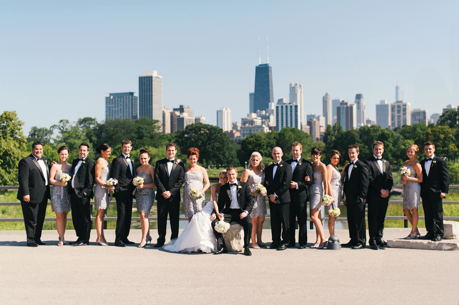 Cinemagraph of a wedding party in front of the Chicago Skyline.  Photographed at the Lincoln Park Zoo, by Ann Arbor wedding photographer, Heather Jowett.
