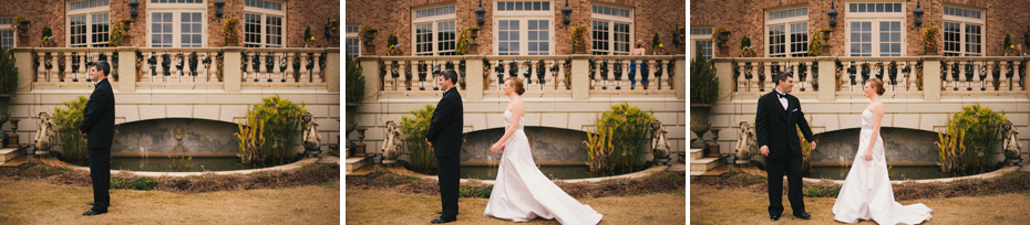 Bride and groom share their first look at the Fountainview mansion, photographed by Ann Arbor Wedding Photographer Heather Jowett.