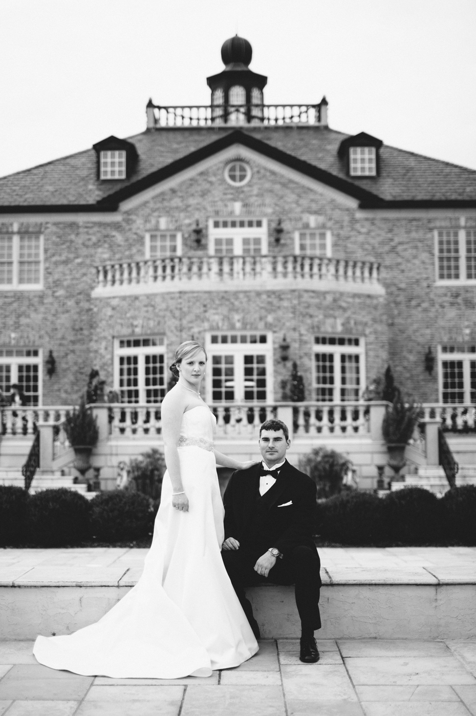 Black and white bride and groom wedding portraits with southern charm at the Fountainview mansion, photographed by Ann Arbor Wedding Photographer Heather Jowett.
