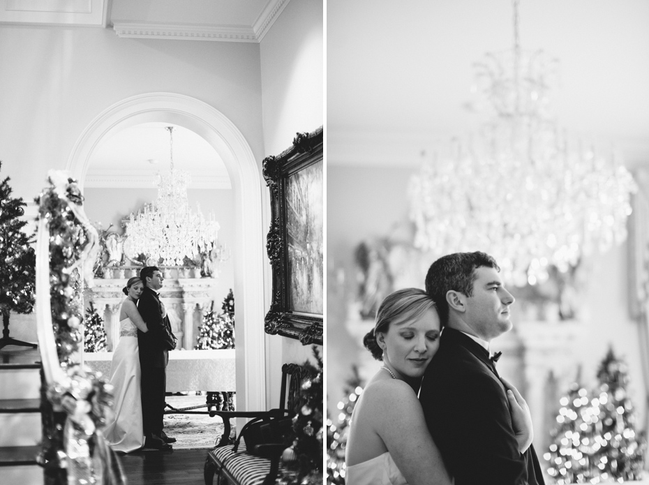 A bride and groom share a private moment together for portraits, amongst Christmas decorations, before their wedding ceremony at the Fountainview mansion, photographed by Michigan Wedding Photographer Heather Jowett.