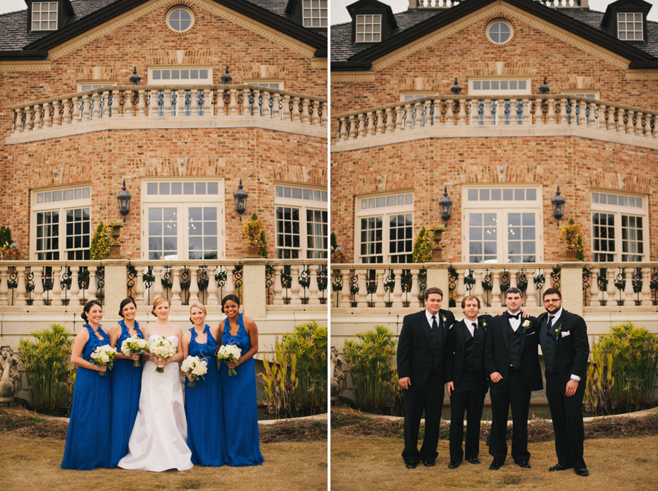 Bridesmaids in floor length blue gowns at The Fountainview Mansion, photographed by Michigan Wedding Photographer Heather Jowett.
