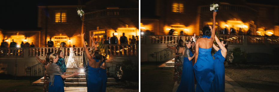 A bridesmaid catches the bouquet.