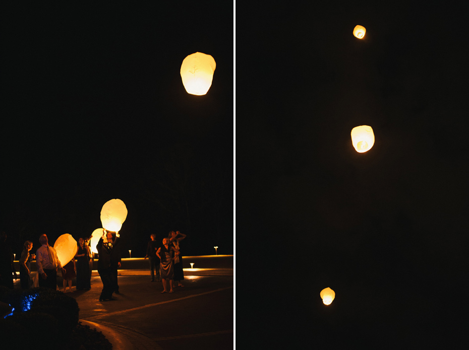 Wedding guests make wishes on chinese lanterns at a wedding reception at The Fountainview Mansion in Auburn Alabama, photographed by Ann Arbor Wedding Photographer Heather Jowett.