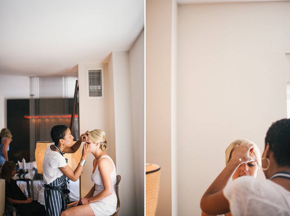 A bride gets her makeup done at The James Hotel in Chicago, photographed by Ann Arbor Wedding Photographer, Heather Jowett.