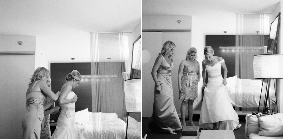 Black and white film photographs of a bride getting dressed at The James Hotel in Chicago, photographed by Ann Arbor Wedding Photographer, Heather Jowett.