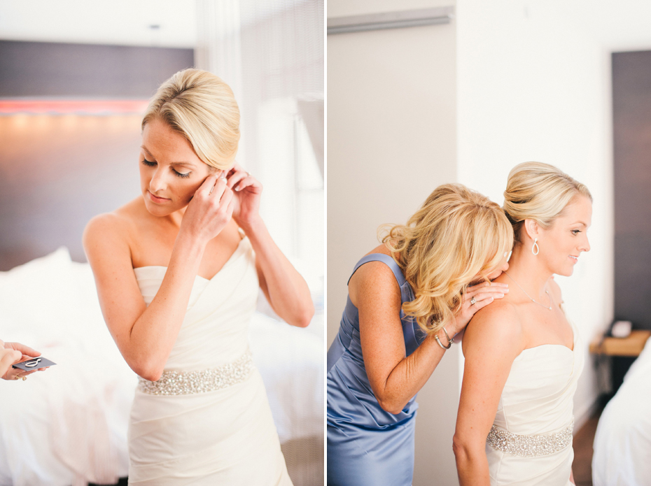 The mother of the bride helps her daughter into her bridal jewelry at the James Hotel in Chicago, photographed by Ann Arbor Wedding Photographer, Heather Jowett.
