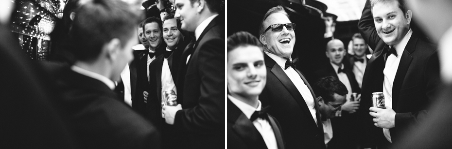 The groom and his groomsmen enjoy a limo drive to the wedding ceremony in Chicago, photographed by Ann Arbor Wedding Photographer, Heather Jowett.