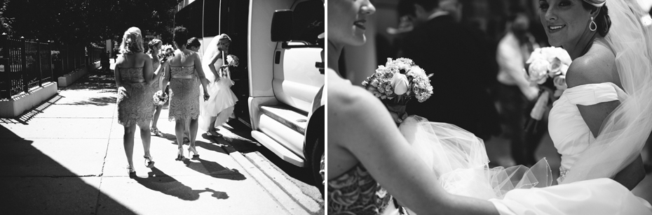 A bride board the limo that will take her to her wedding ceremony, photographed by Ann Arbor Wedding Photographer, Heather Jowett.