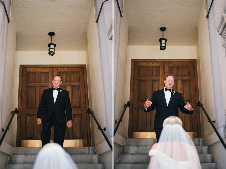 The father of the bride sees his daughter in her wedding dress for the first time, photographed by Ann Arbor Wedding Photographer, Heather Jowett.