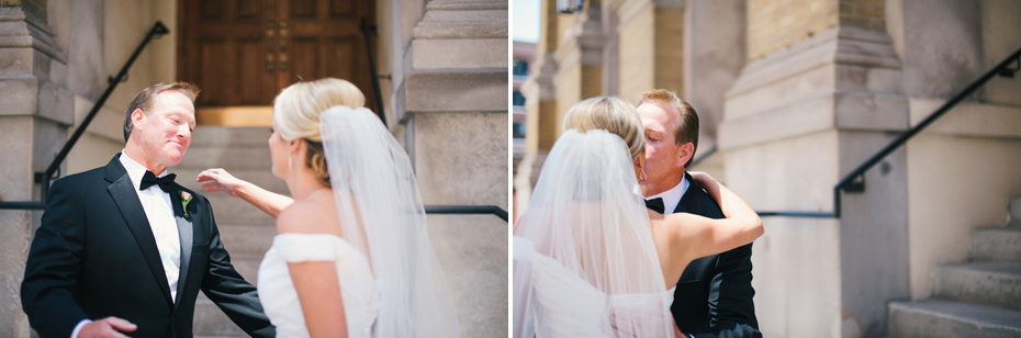 The father of the bride reacts to seeing his daughter in her wedding dress for the first time, photographed by Ann Arbor Wedding Photographer, Heather Jowett.