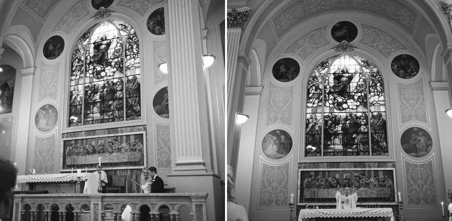 Black and white film images of a catholic wedding mass, photographed by Ann Arbor Wedding Photographer, Heather Jowett on a Rolleiflex T.