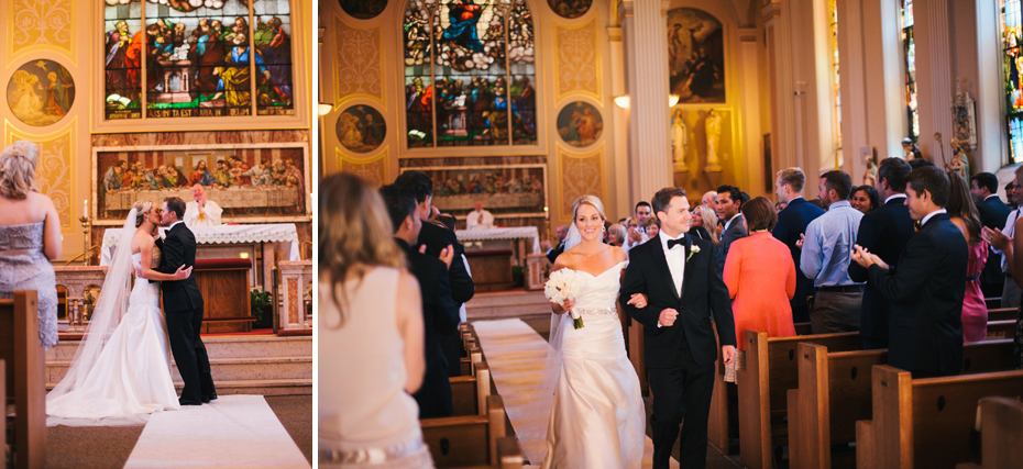 Bride and groom share their first kiss after their catholic wedding mass, photographed by Ann Arbor Wedding Photographer, Heather Jowett