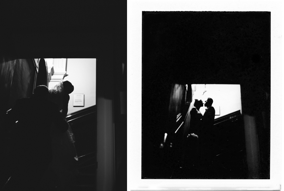 The bride and groom hide away on the choir loft stairs, photographed by Ann Arbor Wedding Photographer, Heather Jowett on a polaroid land camera.