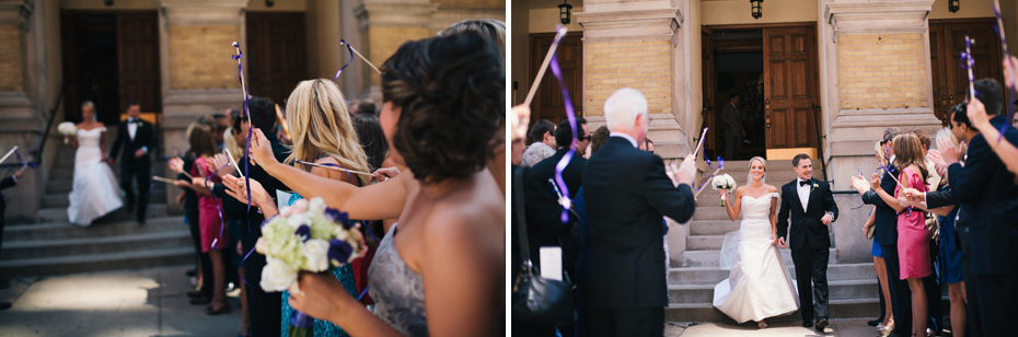 Bride and groom exit the church while their guests wave streamers, photographed by Michigan Wedding Photographer, Heather Jowett.