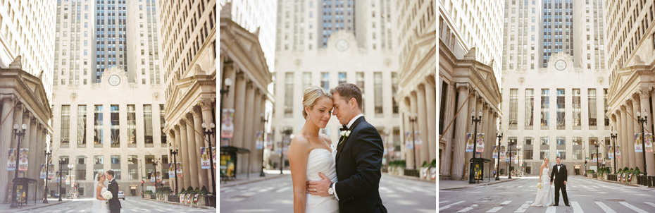 Bride and groom portraits at the board of trade in Chicago, shot on film by Michigan Wedding Photographer, Heather Jowett on a Rolleiflex T.