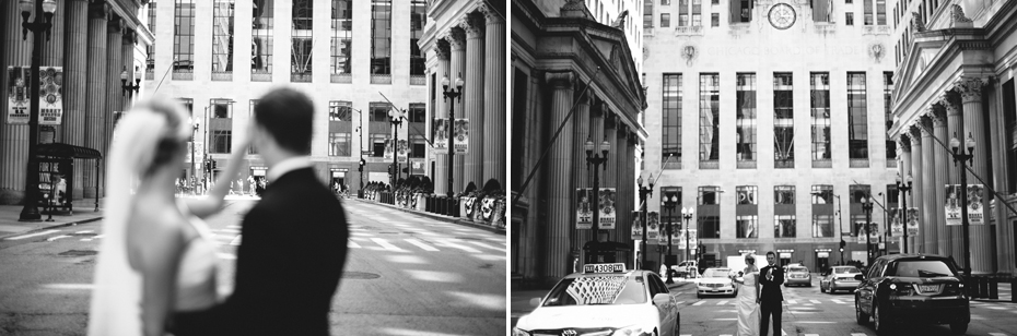 Bride and groom portraits at the board of trade in Chicago, by Michigan Wedding Photographer, Heather Jowett