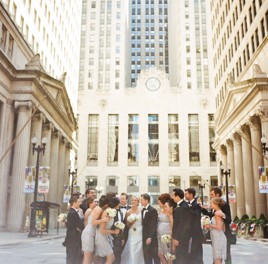 Wedding party portraits at the board of trade in Chicago, by Michigan Wedding Photographer, Heather Jowett on a rolleiflex T