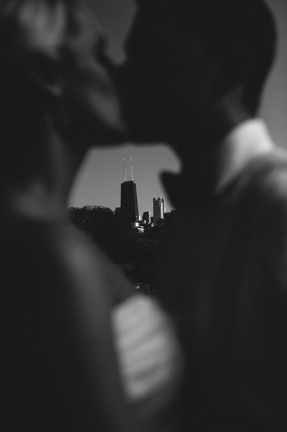 Bride and groom portraits at the Lincoln Park Zoo with a view of the Chicago Skyline, by Michigan Wedding Photographer, Heather Jowett