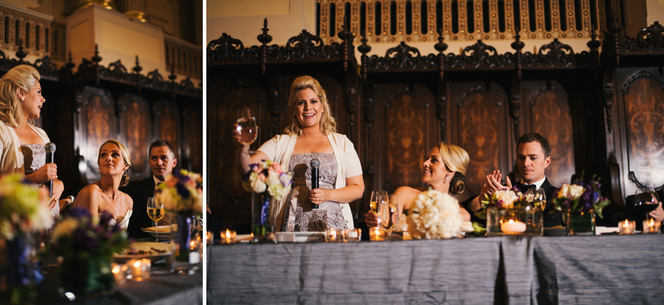 The maid of honor makes a toast at a wedding reception at The Murphy Building in Chicago, by Michigan Wedding Photographer, Heather Jowett