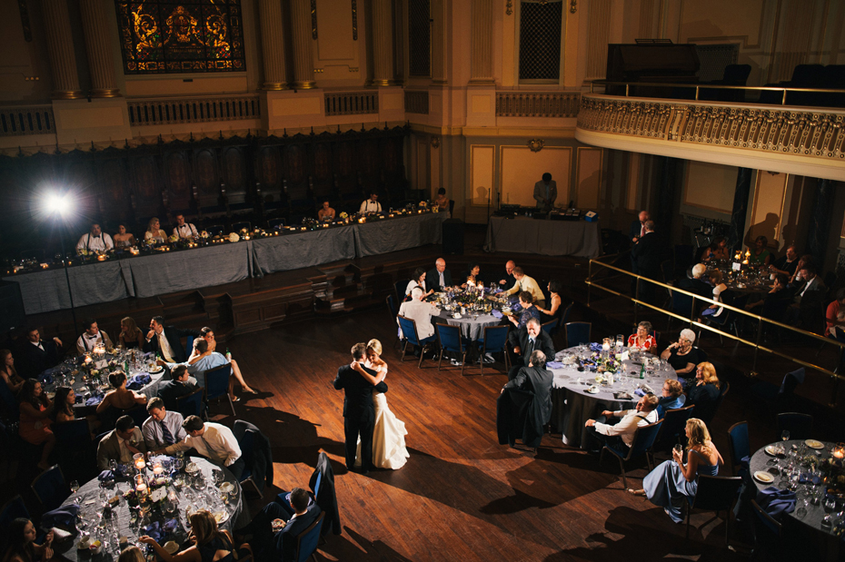 The bride and groom share their first dance at a wedding reception at The Murphy Building in Chicago, by Michigan Wedding Photographer, Heather Jowett