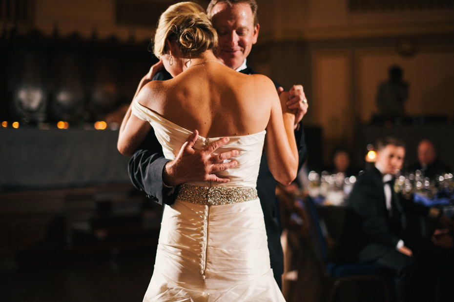 The bride shares a dance with her father at a wedding reception at The Murphy Building in Chicago, by Michigan Wedding Photographer, Heather Jowett