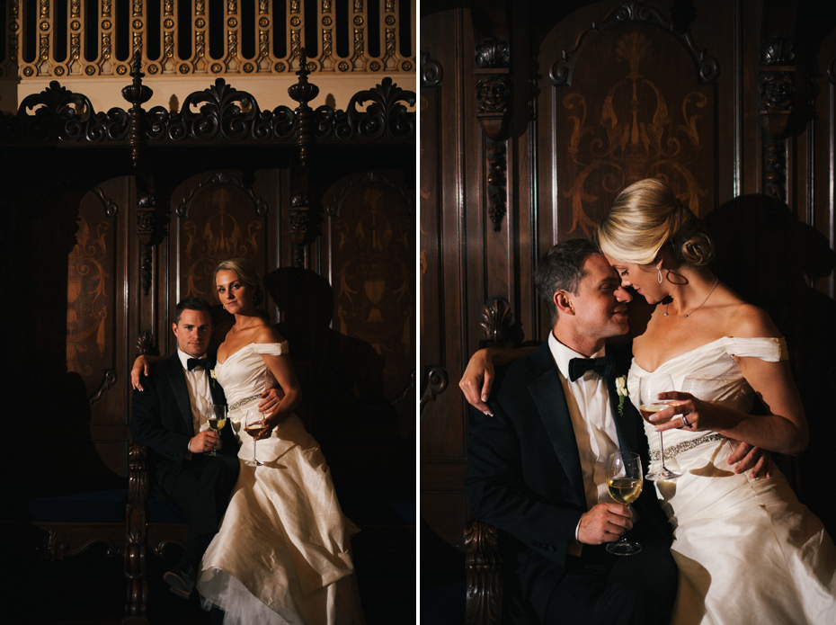 The bride and groom relax for a few portraits at a wedding reception at The Murphy Building in Chicago, by Michigan Wedding Photographer, Heather Jowett