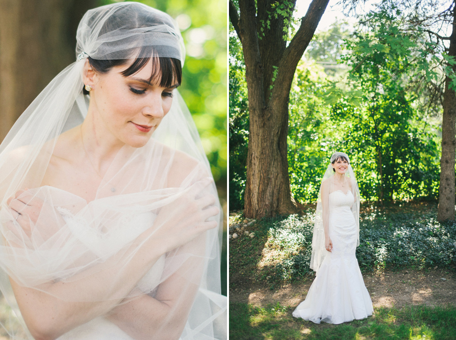 A bride poses in her vintage style veil before her backyard wedding, photographed by Ann Arbor wedding photographer, Heather Jowett.