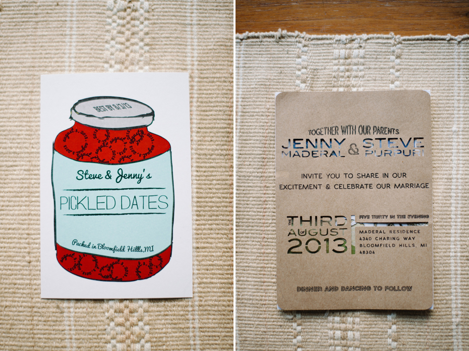 Vintage pickle themed wedding invitation photographed by Ann Arbor Michigan wedding photographer, Heather Jowett.