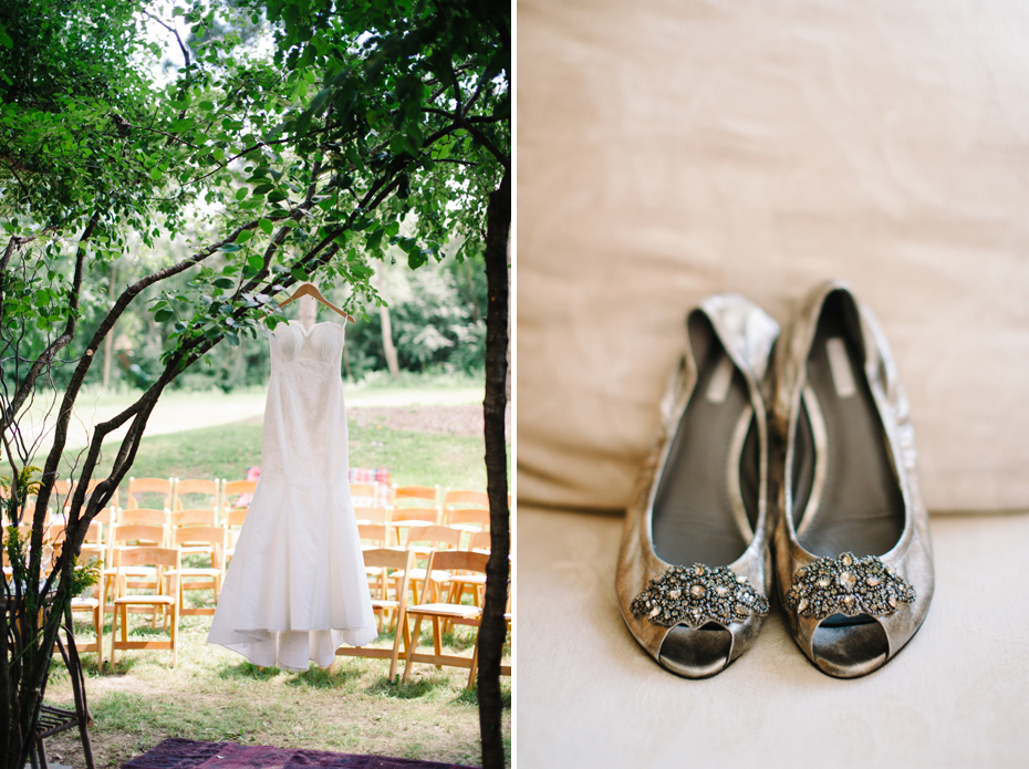 A bride's wedding dress hangs in a tree before her wedding ceremony in this photograph by Ann Arbor Michigan wedding photographer, Heather Jowett.