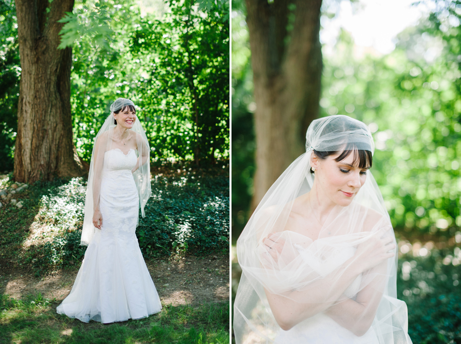 Bridal portraits with a bride wearing a vintage styled veil by Ann Arbor Michigan wedding photographer, Heather Jowett.