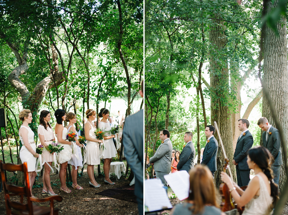 Bridesmaids and groomsmen in a backyard wedding ceremony by Detroit Michigan wedding photographer, Heather Jowett.
