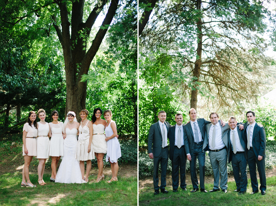 Bridesmaids in mismatched cream dresses and groomsmen in grey suits by Detroit Michigan wedding photographer, Heather Jowett.